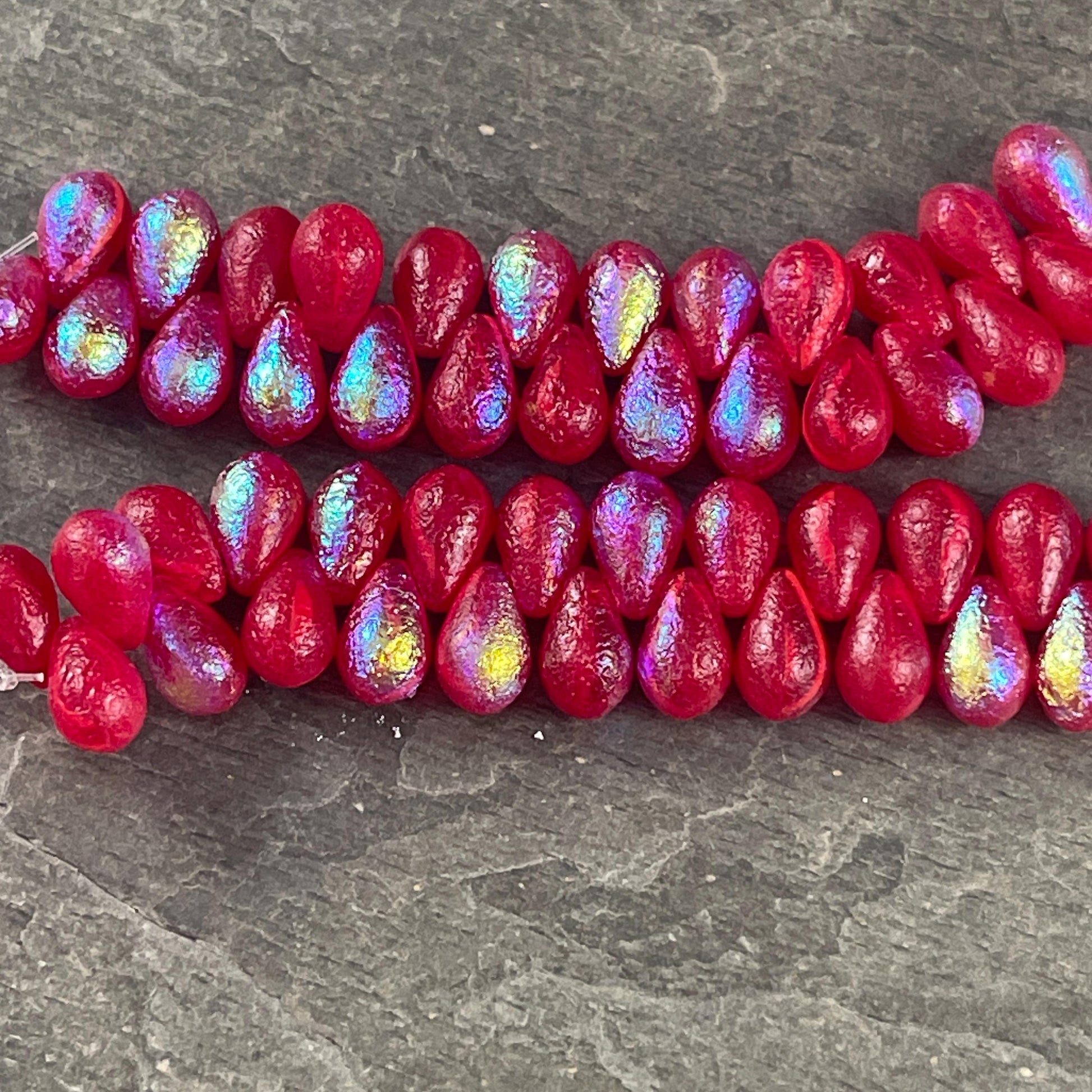 Czech Glass Beads - Scarlet Red Briolette Tear Drop Beads, Etched with AB Finish (BTD/69D) * Qty. 25