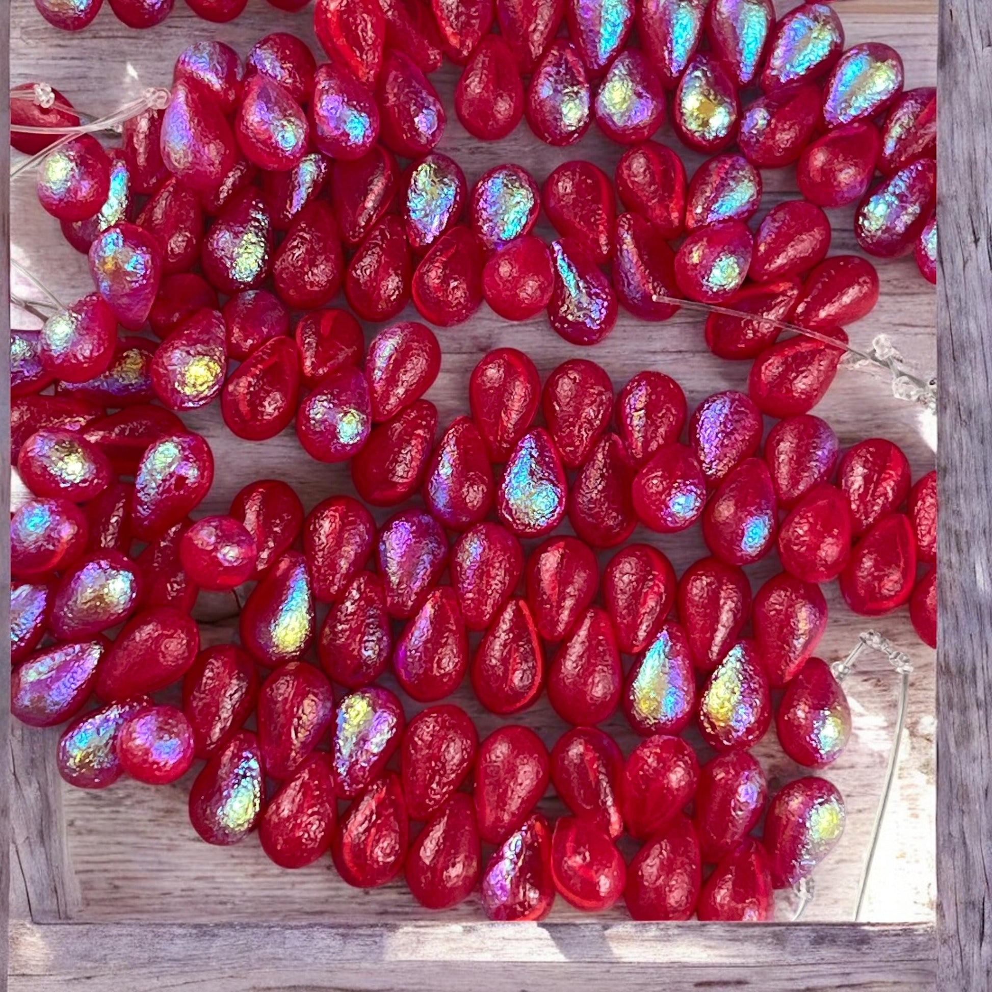 Czech Glass Beads - Scarlet Red Briolette Tear Drop Beads, Etched with AB Finish (BTD/69D) * Qty. 25