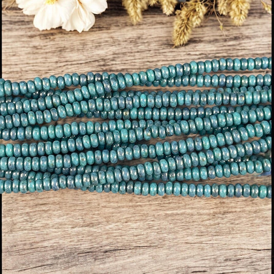 Czech Glass Beads - 3x2mm Heishi Rondelle, Turquoise Blue and Bronze Picasso (RD3/SM-BT6313) * Qty. 100