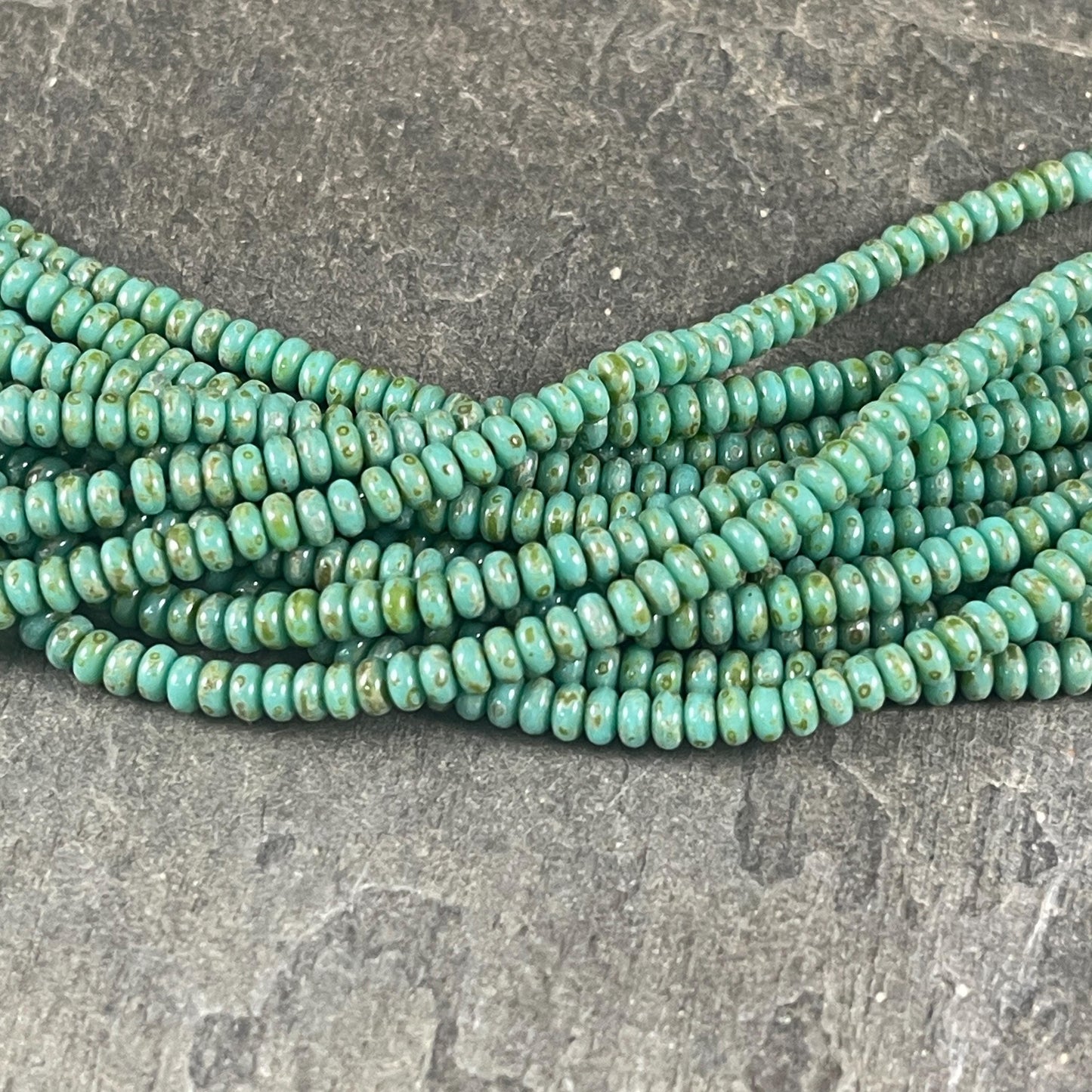 Czech Glass Beads - Turquoise Picasso Spacer Beads 3x2mm Rondelle Turquoise Heishi Rondelle (RD3/SM-T6313) - Qty. 100