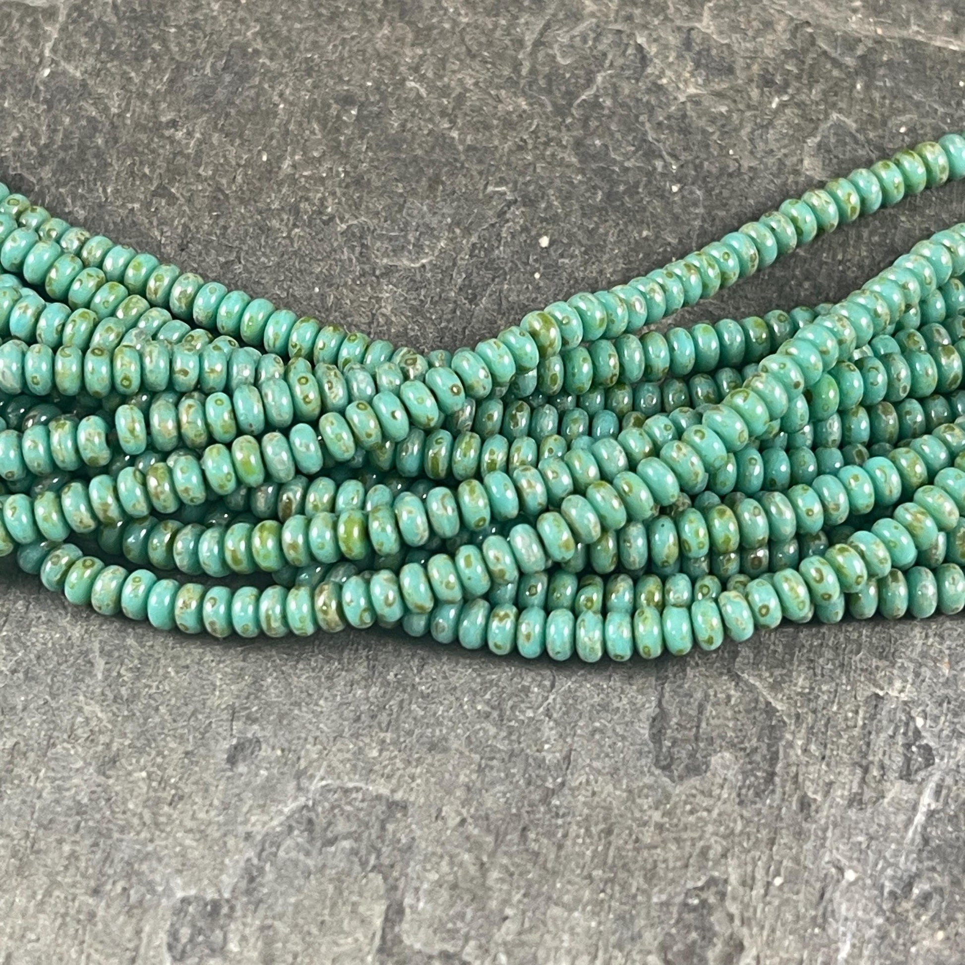 Czech Glass Beads - Turquoise Picasso Spacer Beads 3x2mm Rondelle Turquoise Heishi Rondelle (RD3/SM-T6313) - Qty. 100