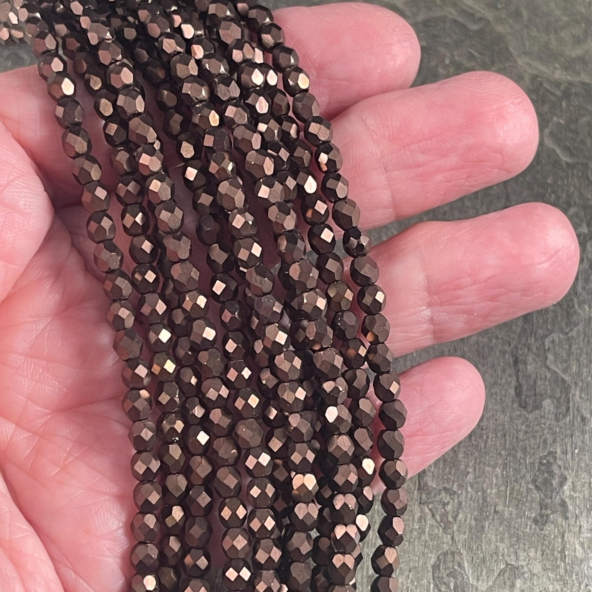 Czech Glass Beads - 4mm Faceted Round Bronze Spacer Beads, Matte Bronze Metallic (FP4/SM-M14415) * Qty. 50