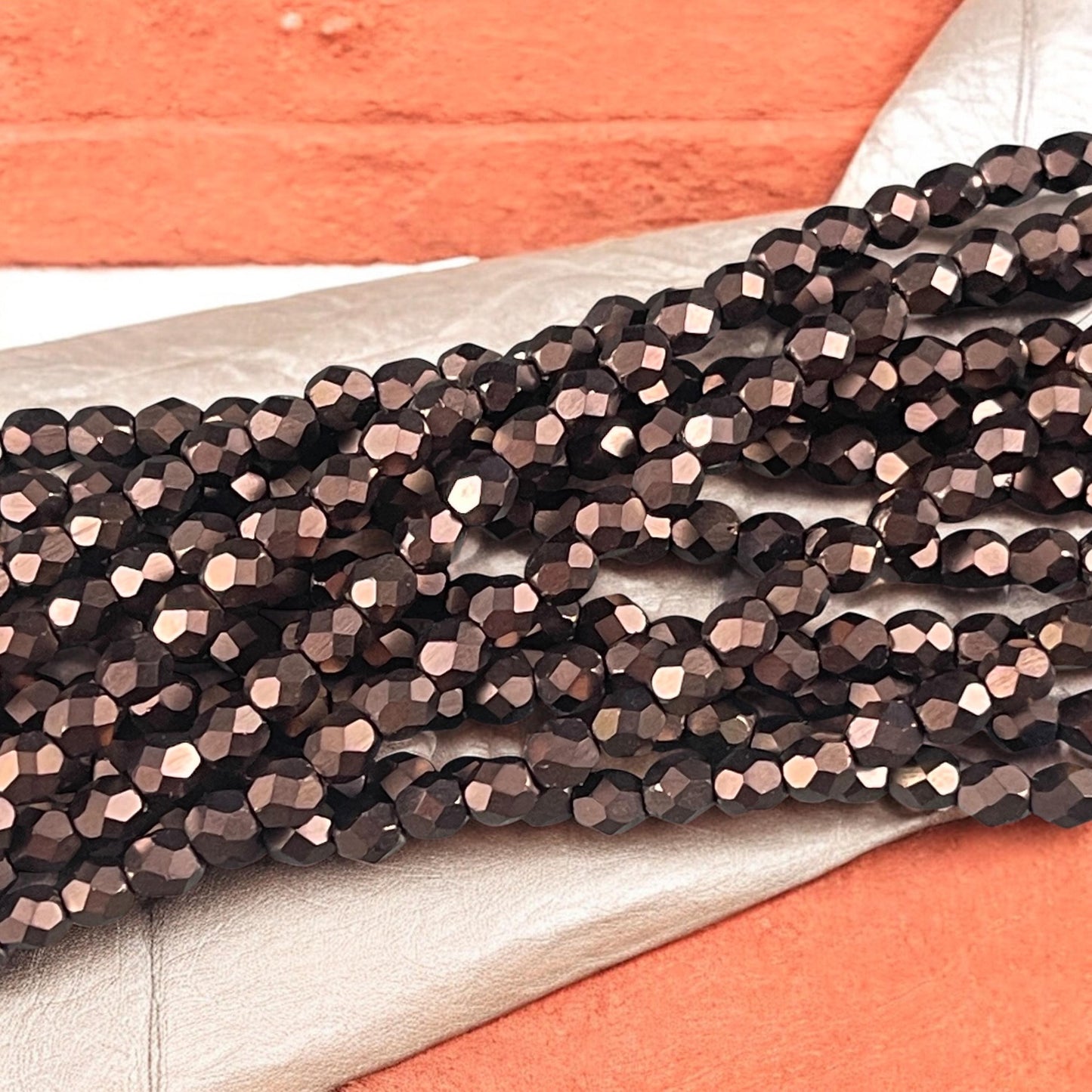 Czech Glass Beads - 4mm Faceted Round Bronze Spacer Beads, Matte Bronze Metallic (FP4/SM-M14415) * Qty. 50