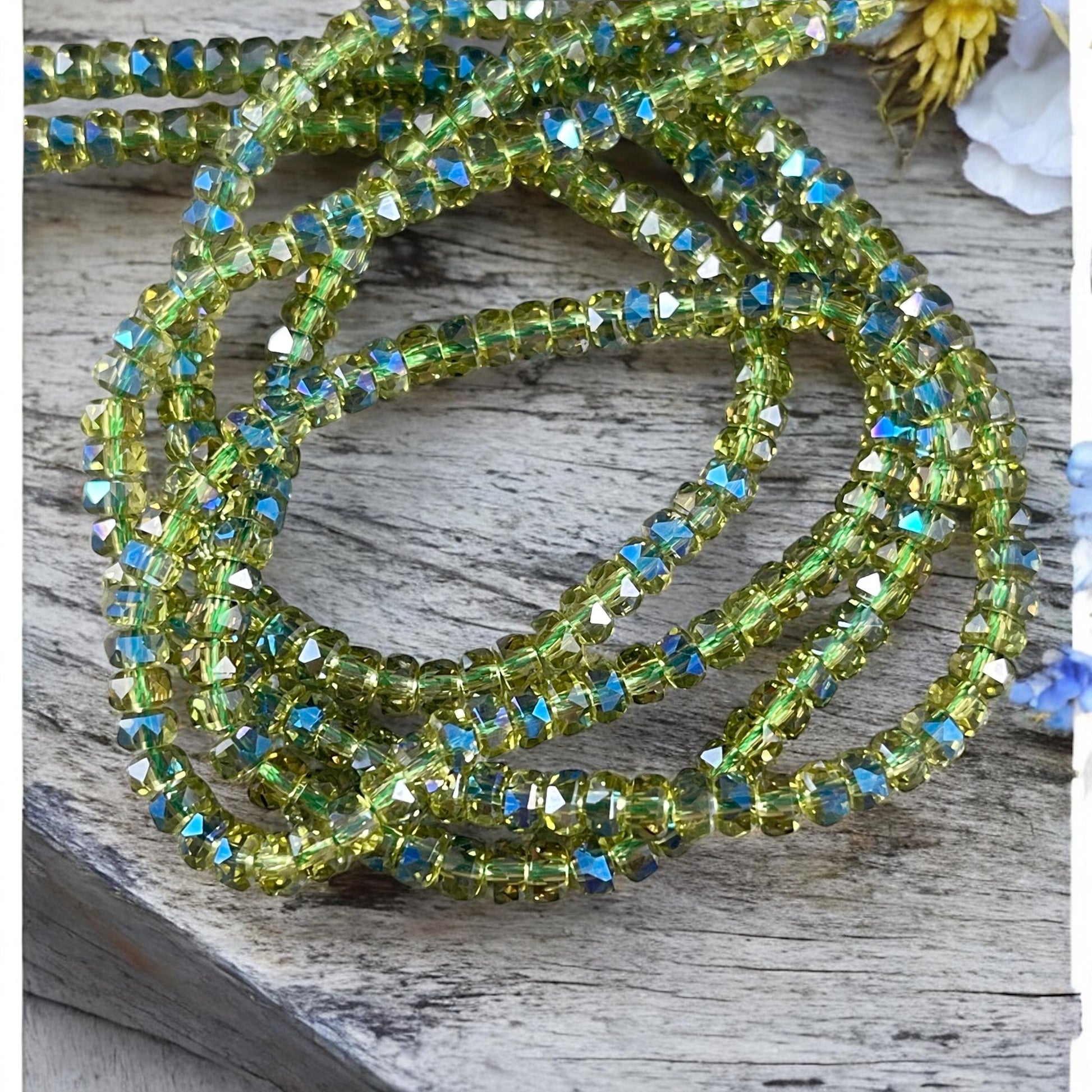 Faceted Glass Beads - 4x2.5mm Heishi Rondelles, Transparent Olive Green with Rainbow AB Finish (Olive-AB) * 7" Strand
