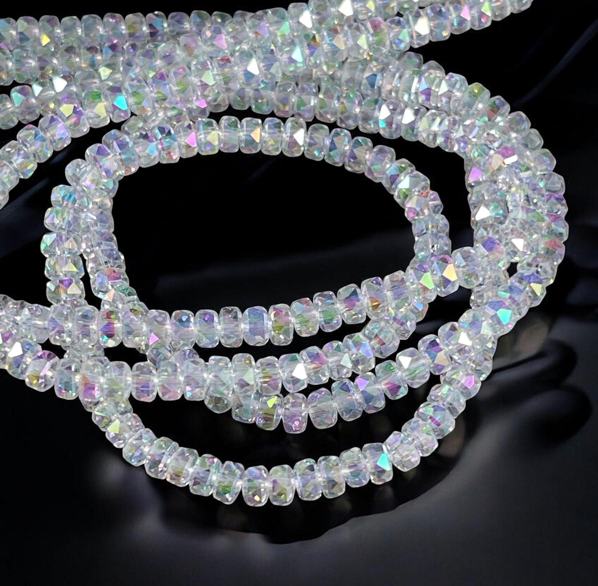Faceted Glass Beads - 4x2.5mm Heishi Rondelles, Milky Crystal with AB Finish (Crystal AB) * 7" Strand