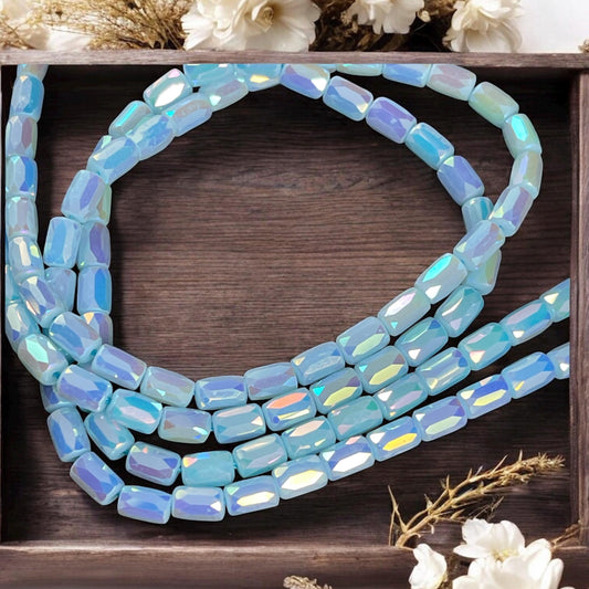 Faceted Glass Tube Beads, 7x4mm Tube Bead with Facets and AB Finish (BabyBlue) * 7" Strand