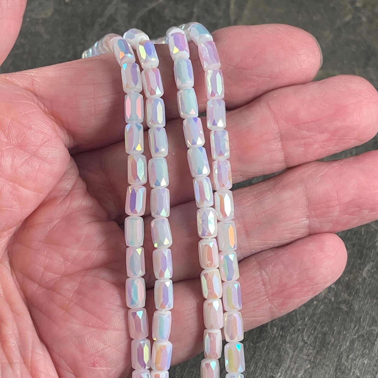 Faceted Glass Tube Beads, 7x4mm Tube Bead with Facets and AB Finish (White AB) * 7" Strand