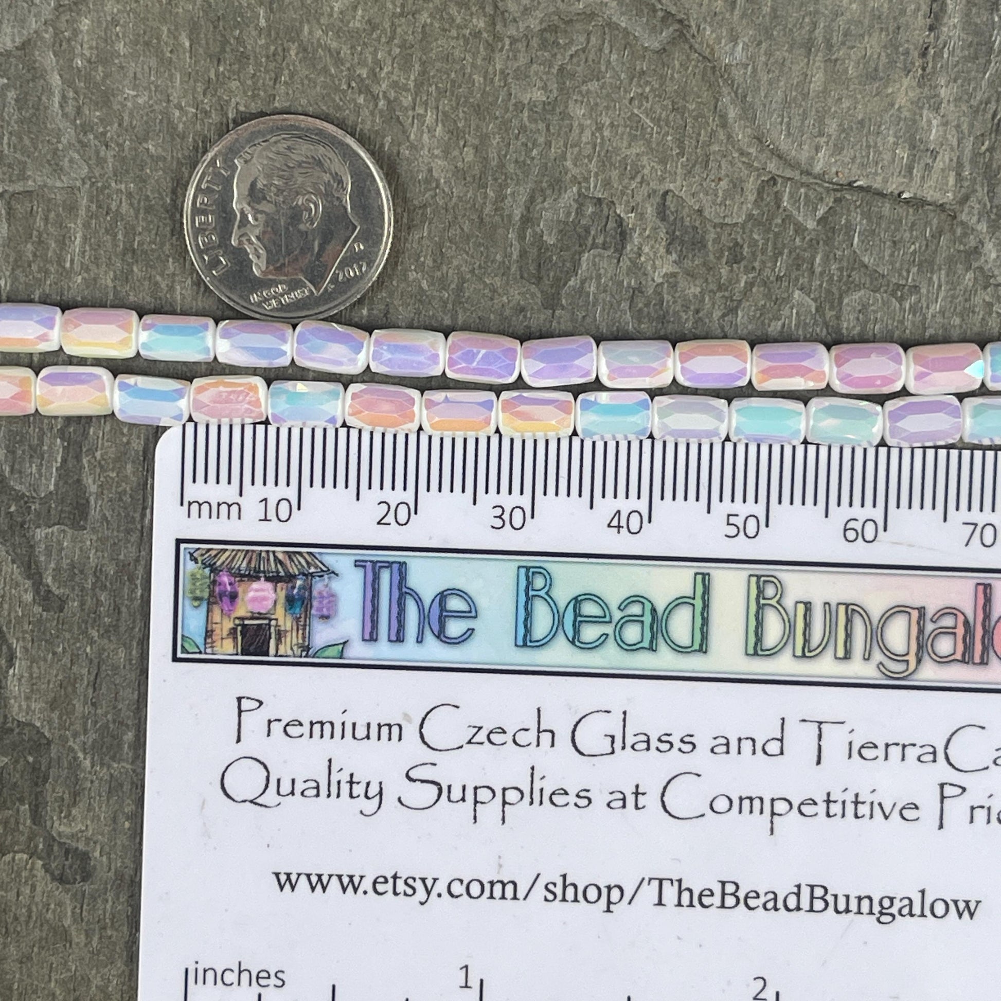 Faceted Glass Tube Beads, 7x4mm Tube Bead with Facets and AB Finish (White AB) * 7" Strand