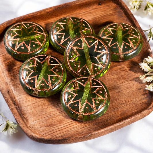 Czech Glass Beads - 14mm Star of Ishtar, Olive Green with Copper Wash (PSOI-36) * Qty. 6