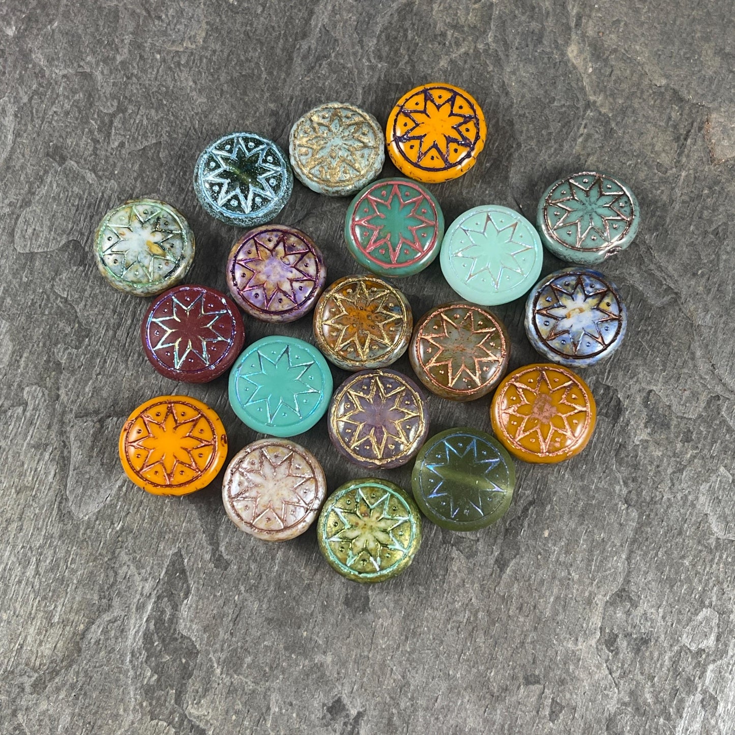 Star of Ishtar Bead Assortment - 14mm Coin Czech Glass Bead Soup, Random Mix of Star of Ishtar Beads (IshtarX12) * Qty. 12