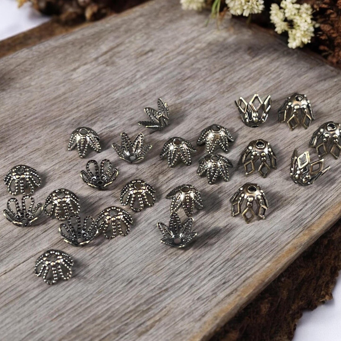 Antiqued Brass Bead Caps for Teardrop or Tapered Beads, Assorted Designs, Star, Flower, Basket (BronzeCapMix) * Qty. 96