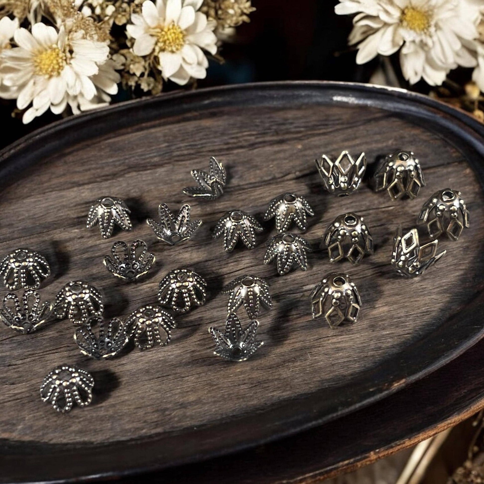 Antiqued Brass Bead Caps for Teardrop or Tapered Beads, Assorted Designs, Star, Flower, Basket (BronzeCapMix) * Qty. 96