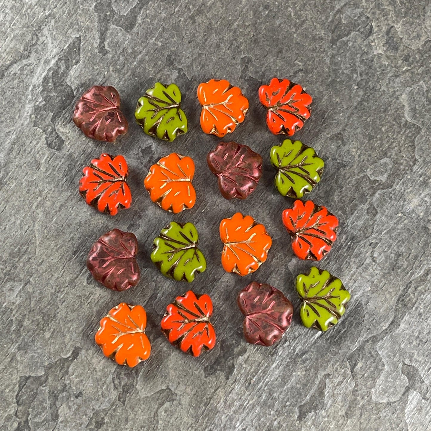 Czech Glass Beads, Bold Color Fall Leaf Assortment, 10x13mm Maple Leaf Beads (ML/GRO-16) * Qty. 16