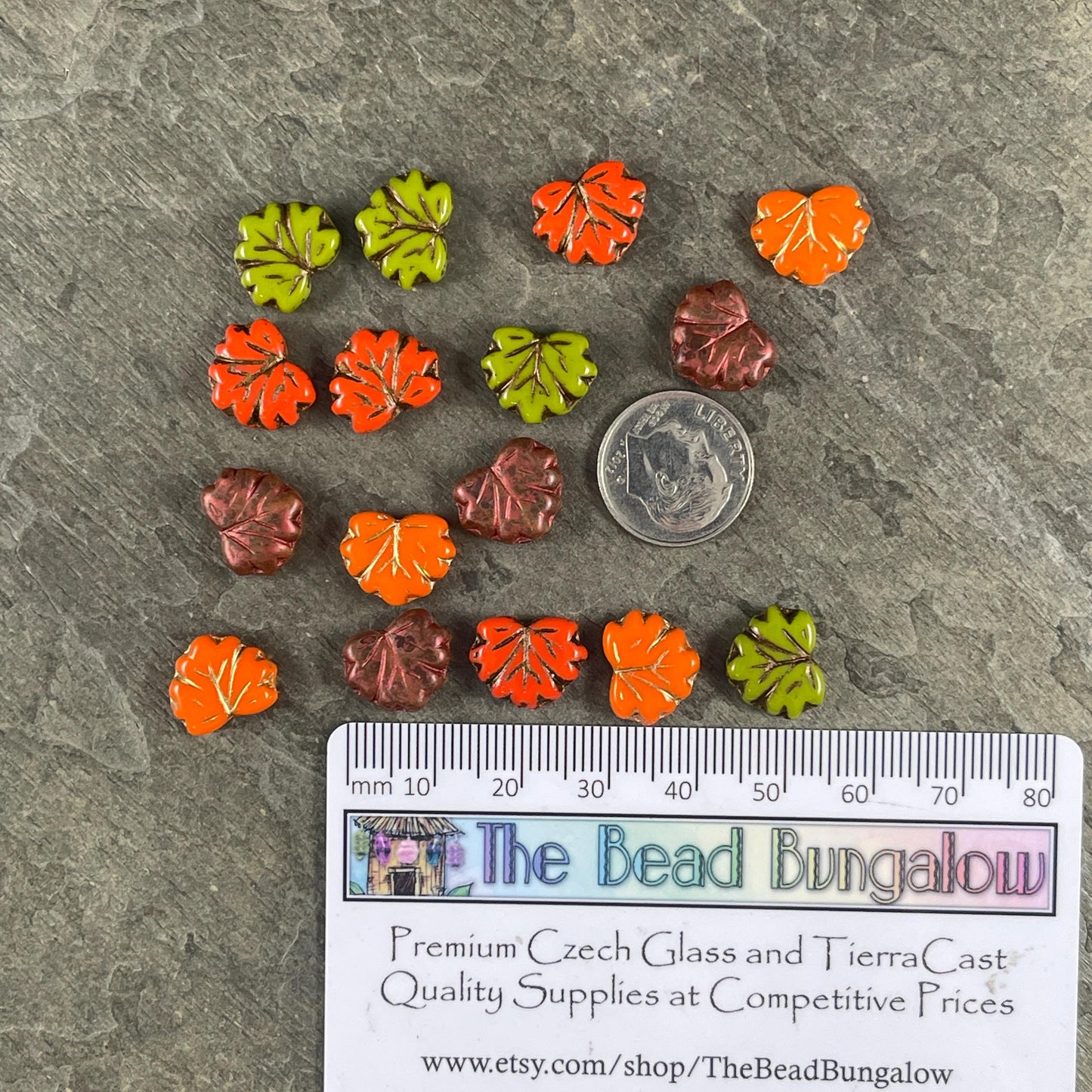 Czech Glass Beads, Bold Color Fall Leaf Assortment, 10x13mm Maple Leaf Beads (ML/GRO-16) * Qty. 16