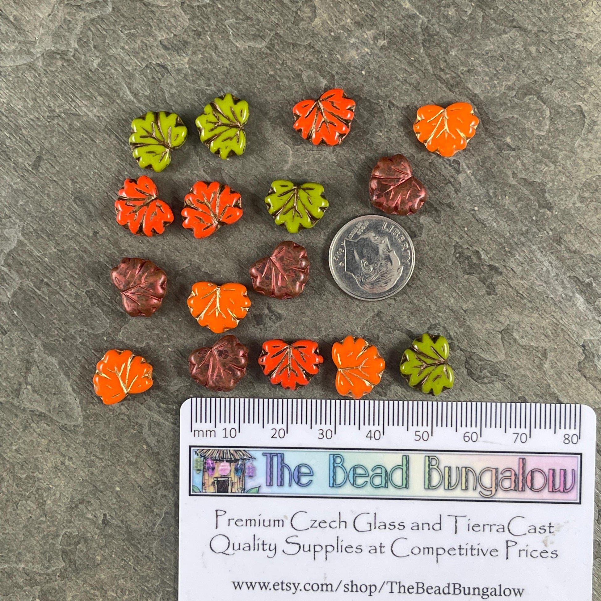 Czech Glass Beads, Bold Color Fall Leaf Assortment, 10x13mm Maple Leaf Beads (ML/GRO-16) * Qty. 16