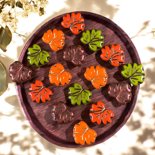 Czech Glass Beads, Bold Color Fall Leaf Assortment, 10x13mm Maple Leaf Beads (ML/GRO-16) * Qty. 16