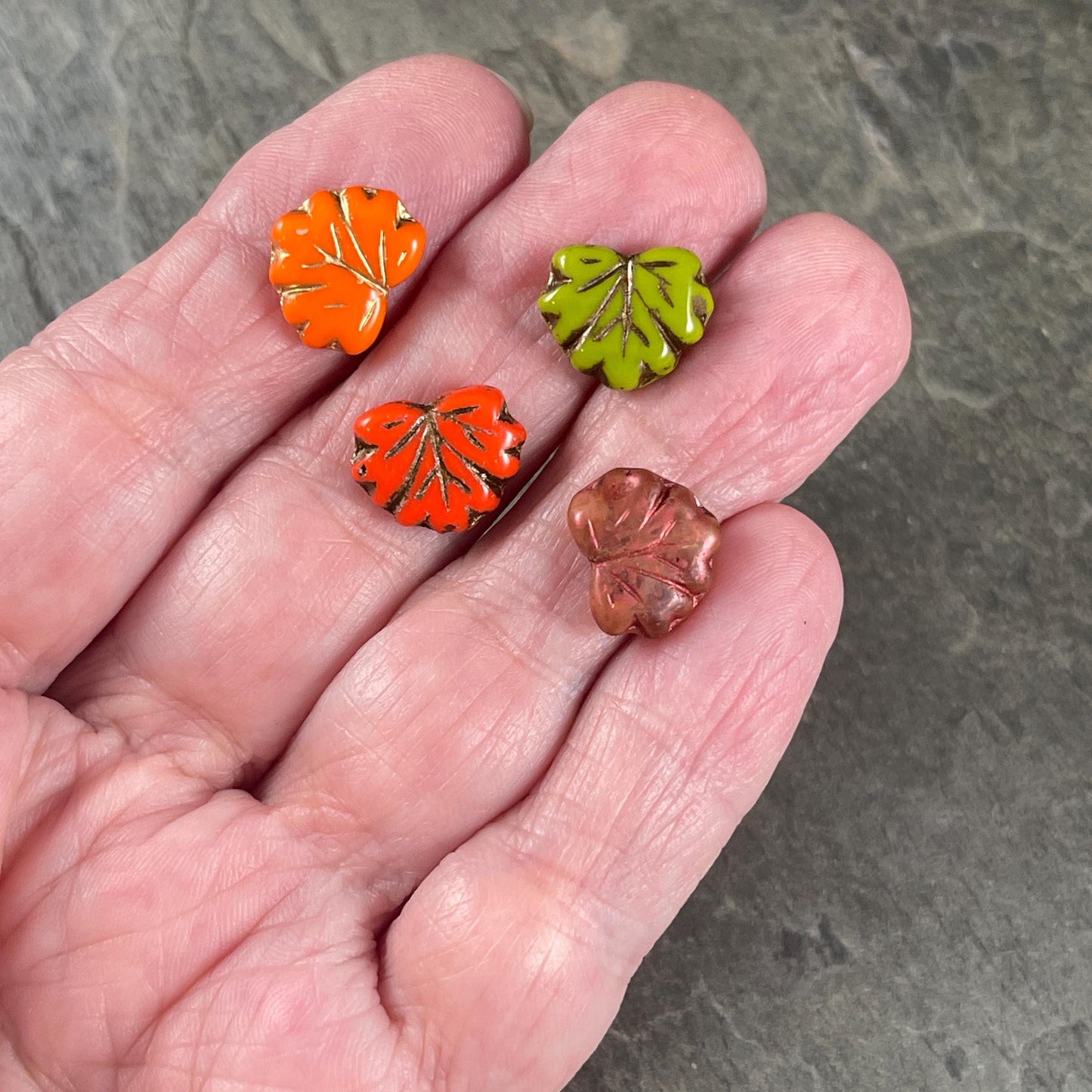 Czech Glass Beads, Bold Color Fall Leaf Assortment, 10x13mm Maple Leaf Beads (ML/GRO-16) * Qty. 16