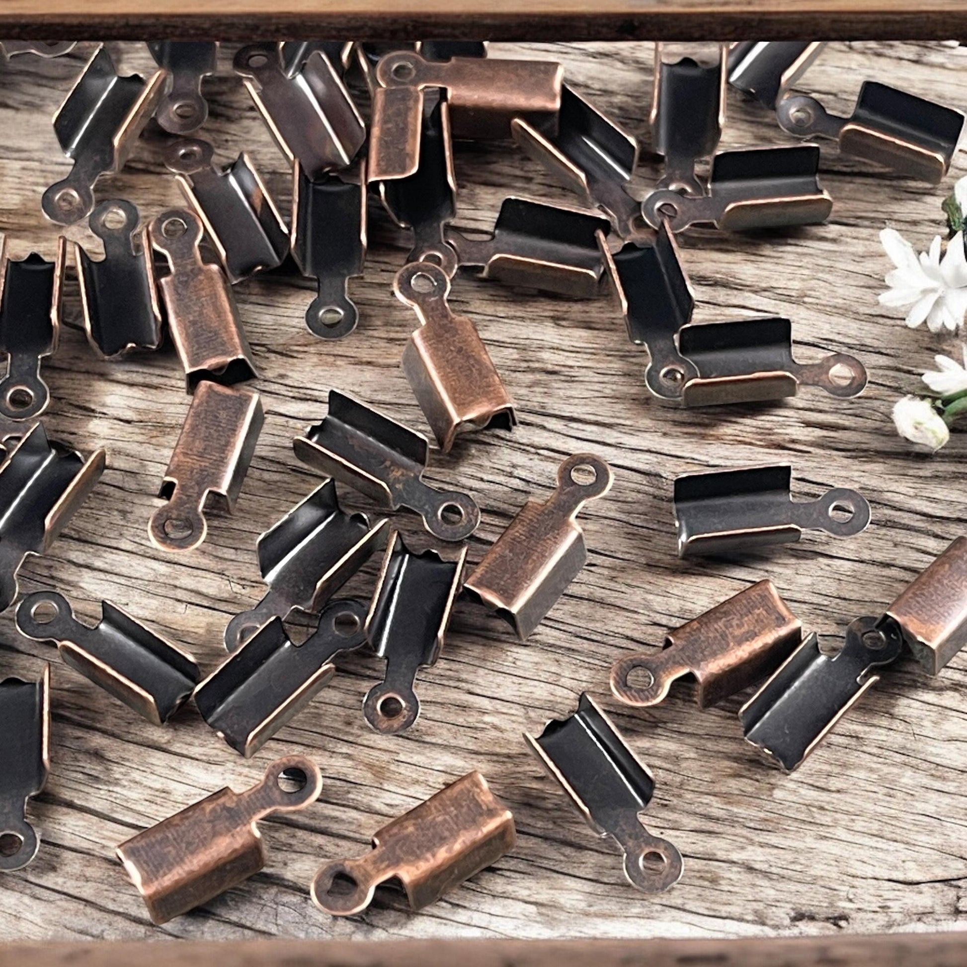 Antiqued Copper Cord Ends, Finishing Ends with Loop, Flat Folding Crimp for Leather or Cord (ZX999-R) * Qty. 200