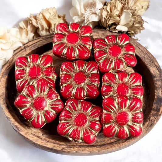 Czech Glass Flower Beads 10mm Zinnea Square Red Zinnia Flower Bead Czech Glass Beads (Zsq19) * Qty. 8