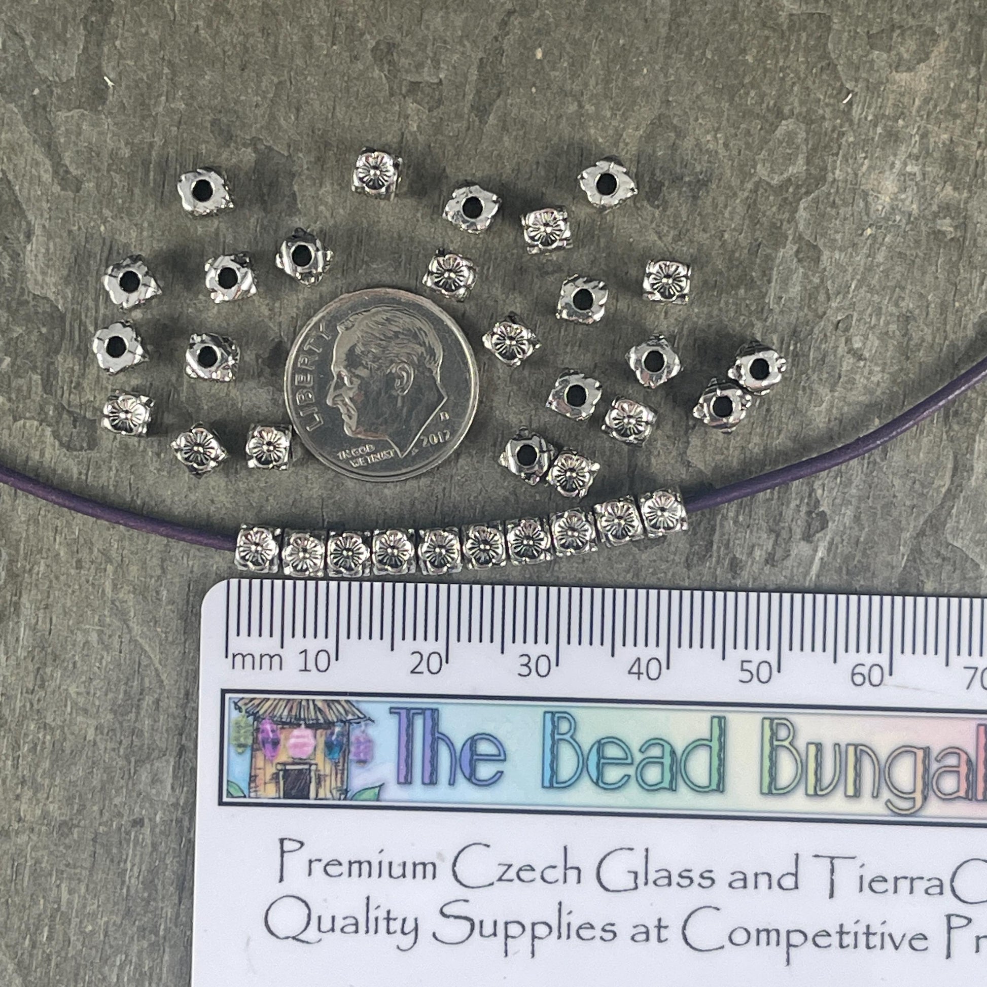 Antiqued Silver Large Hole Square with Flowers, 4mm Cube with 1.8mm Hole (YW0001-17A) * Qty. 50