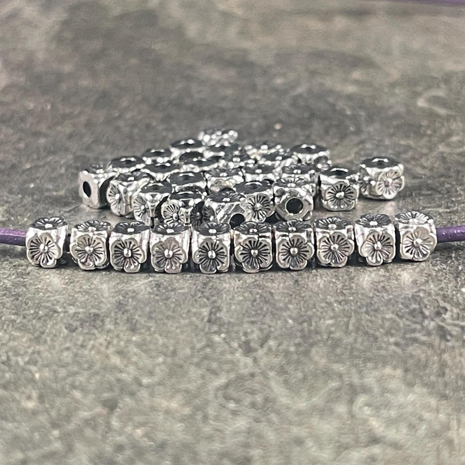Antiqued Silver Large Hole Square with Flowers, 4mm Cube with 1.8mm Hole (YW0001-17A) * Qty. 50