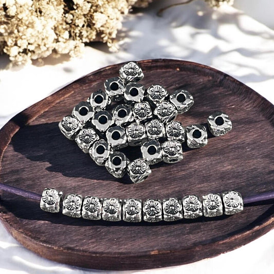 Antiqued Silver Large Hole Square with Flowers, 4mm Cube with 1.8mm Hole (YW0001-17A) * Qty. 50