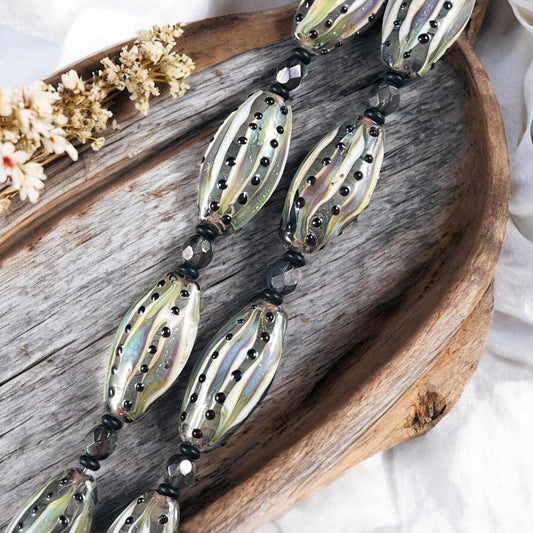 Olive Green and Black Striped Glass Beads, 30x17mm Lampwork Beads (LB715) Green, Blue and Black Oval Beads with Czech Glass Beads