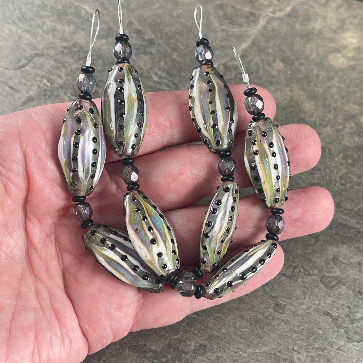 Olive Green and Black Striped Glass Beads, 30x17mm Lampwork Beads (LB715) Green, Blue and Black Oval Beads with Czech Glass Beads