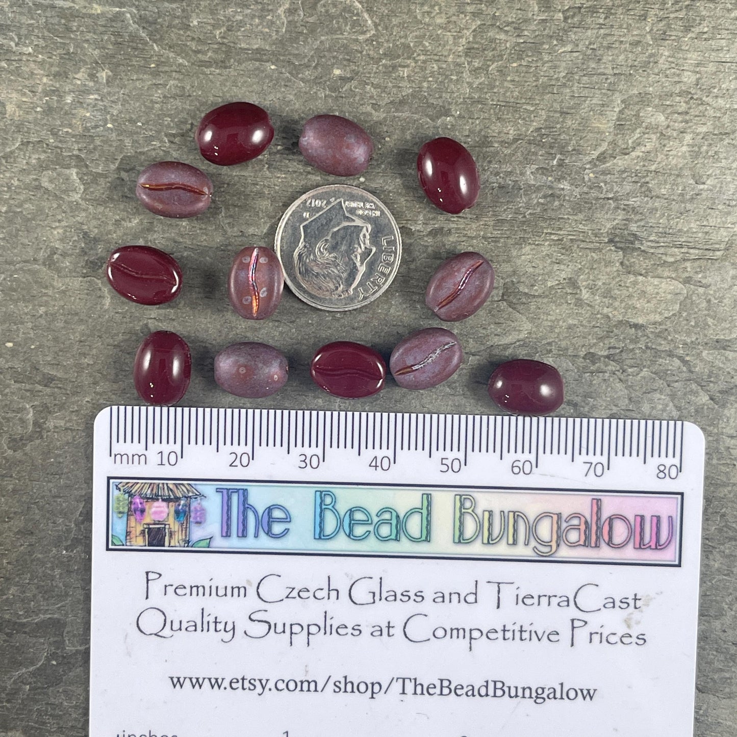 Czech Glass Beads ~ 11x8mm Glass Coffee Beans Coffee Lover's Beads, Burgundy and Matte Iridescent Mix (CB-12) * Qty. 12
