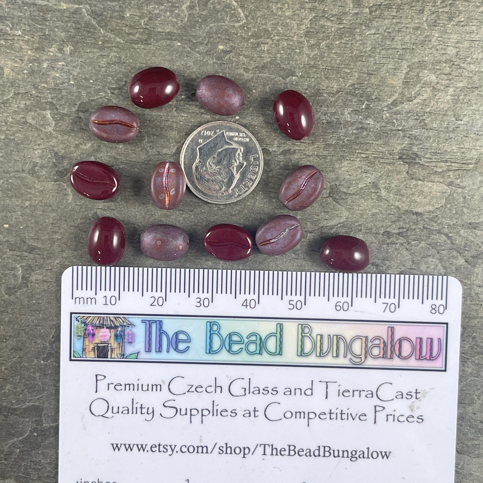 Czech Glass Beads ~ 11x8mm Glass Coffee Beans Coffee Lover's Beads, Burgundy and Matte Iridescent Mix (CB-12) * Qty. 12