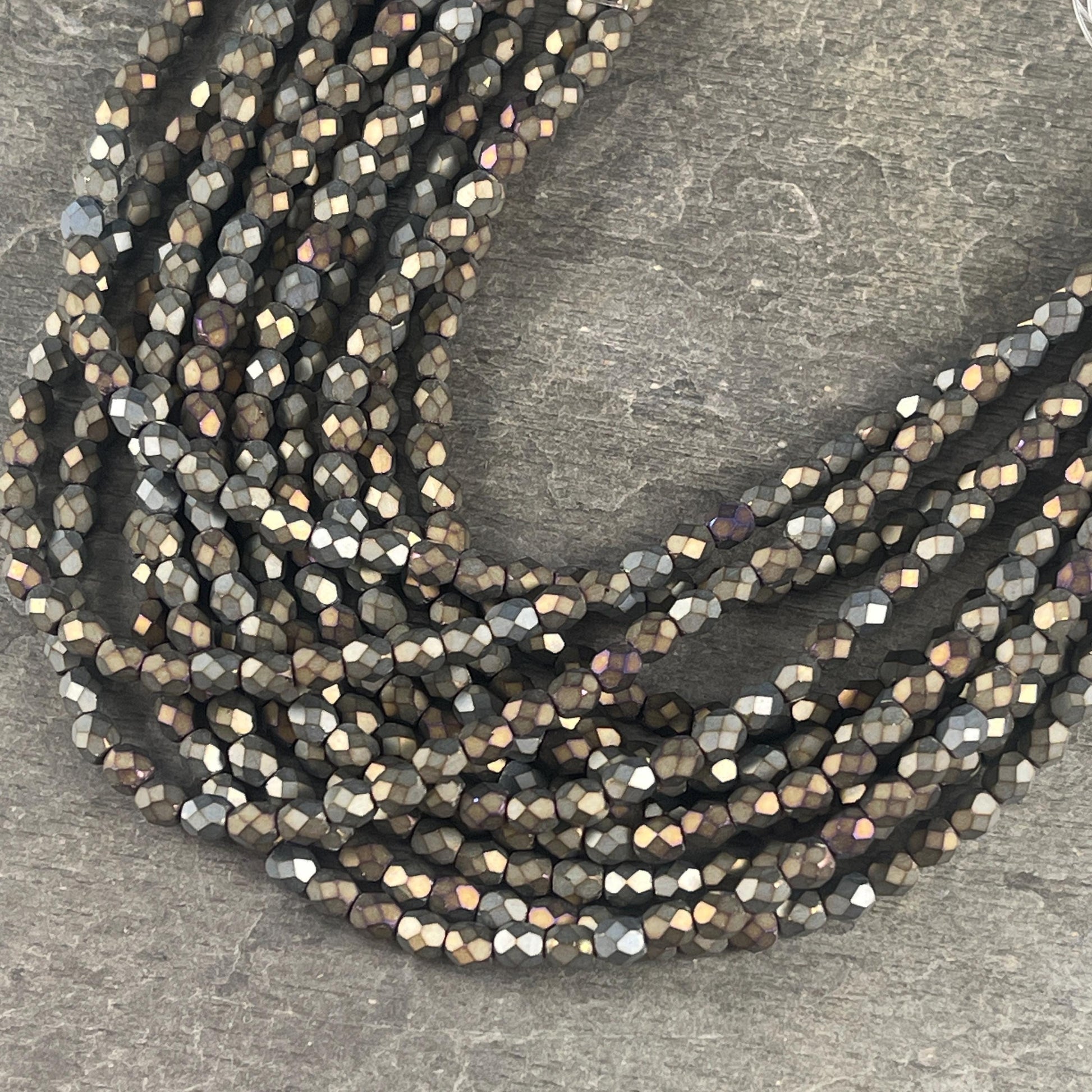 Czech Glass Beads - 4mm Faceted Round Beads, Matte Iris, Slate Green, Gray, Brown (FP4/SM-21455) * Qty. 50