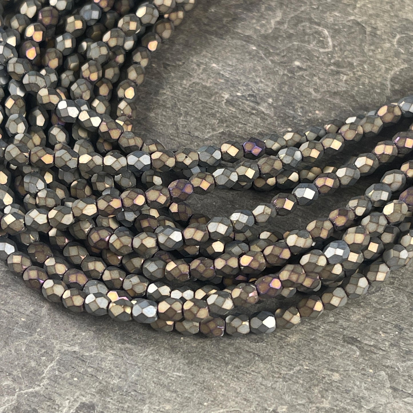 Czech Glass Beads - 4mm Faceted Round Beads, Matte Iris, Slate Green, Gray, Brown (FP4/SM-21455) * Qty. 50
