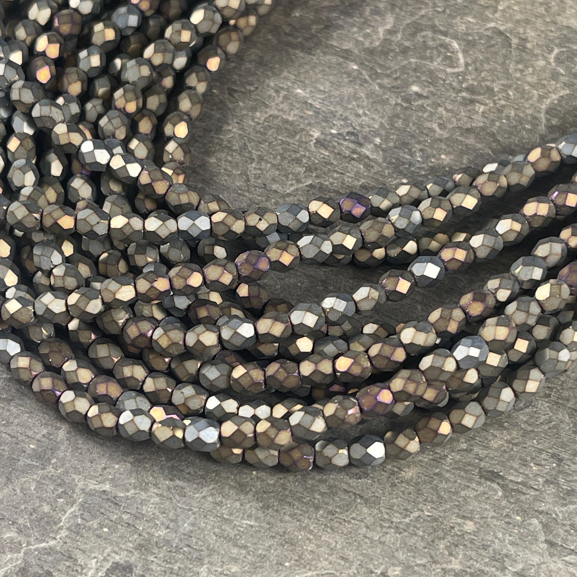 Czech Glass Beads - 4mm Faceted Round Beads, Matte Iris, Slate Green, Gray, Brown (FP4/SM-21455) * Qty. 50