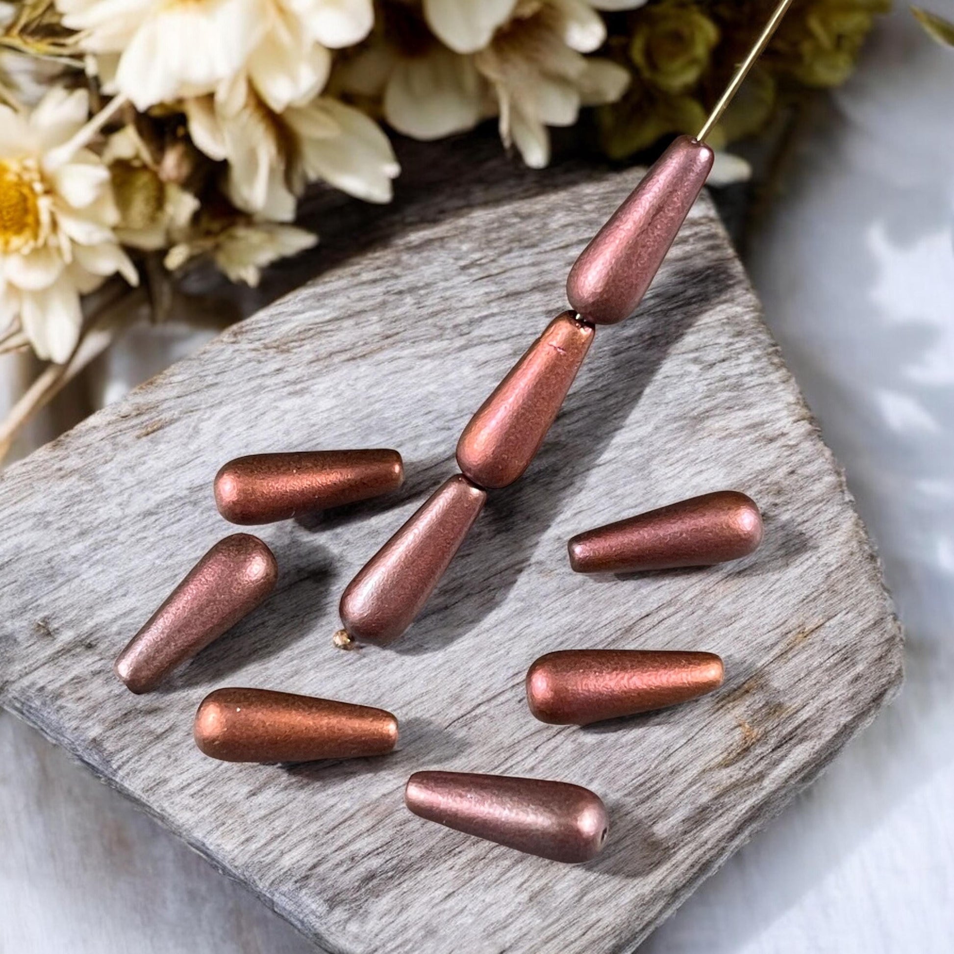Czech Glass Beads - Elongated Tear Drops, Wine and Copper Satin Matte Finish, 15x6mm Tapered Drops (DRO/N-0432R) * Qty. 14