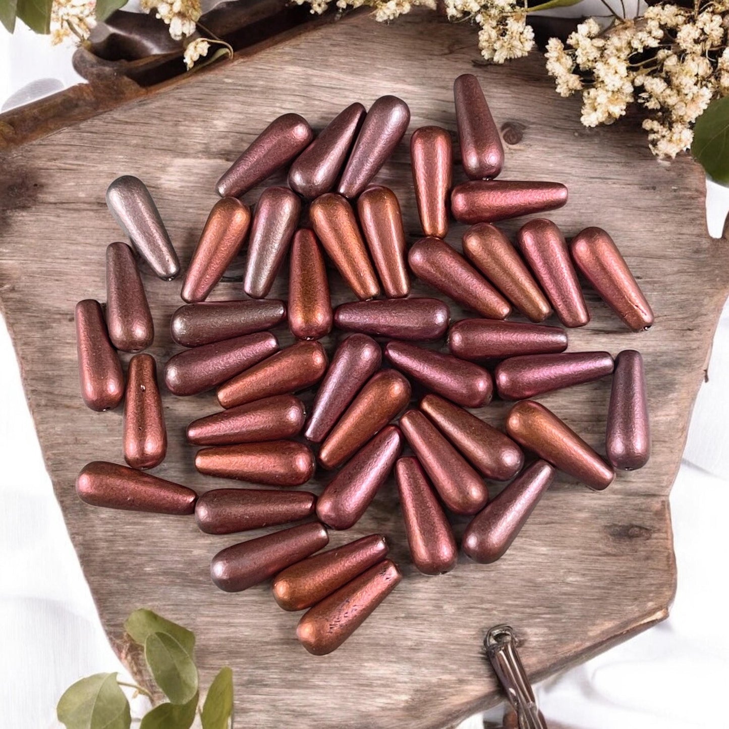 Czech Glass Beads - Elongated Tear Drops, Wine and Copper Satin Matte Finish, 15x6mm Tapered Drops (DRO/N-0432R) * Qty. 14