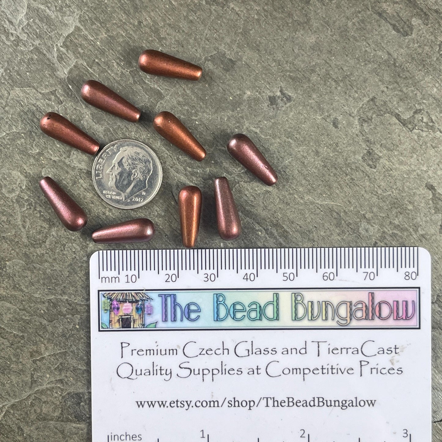 Czech Glass Beads - Elongated Tear Drops, Wine and Copper Satin Matte Finish, 15x6mm Tapered Drops (DRO/N-0432R) * Qty. 14