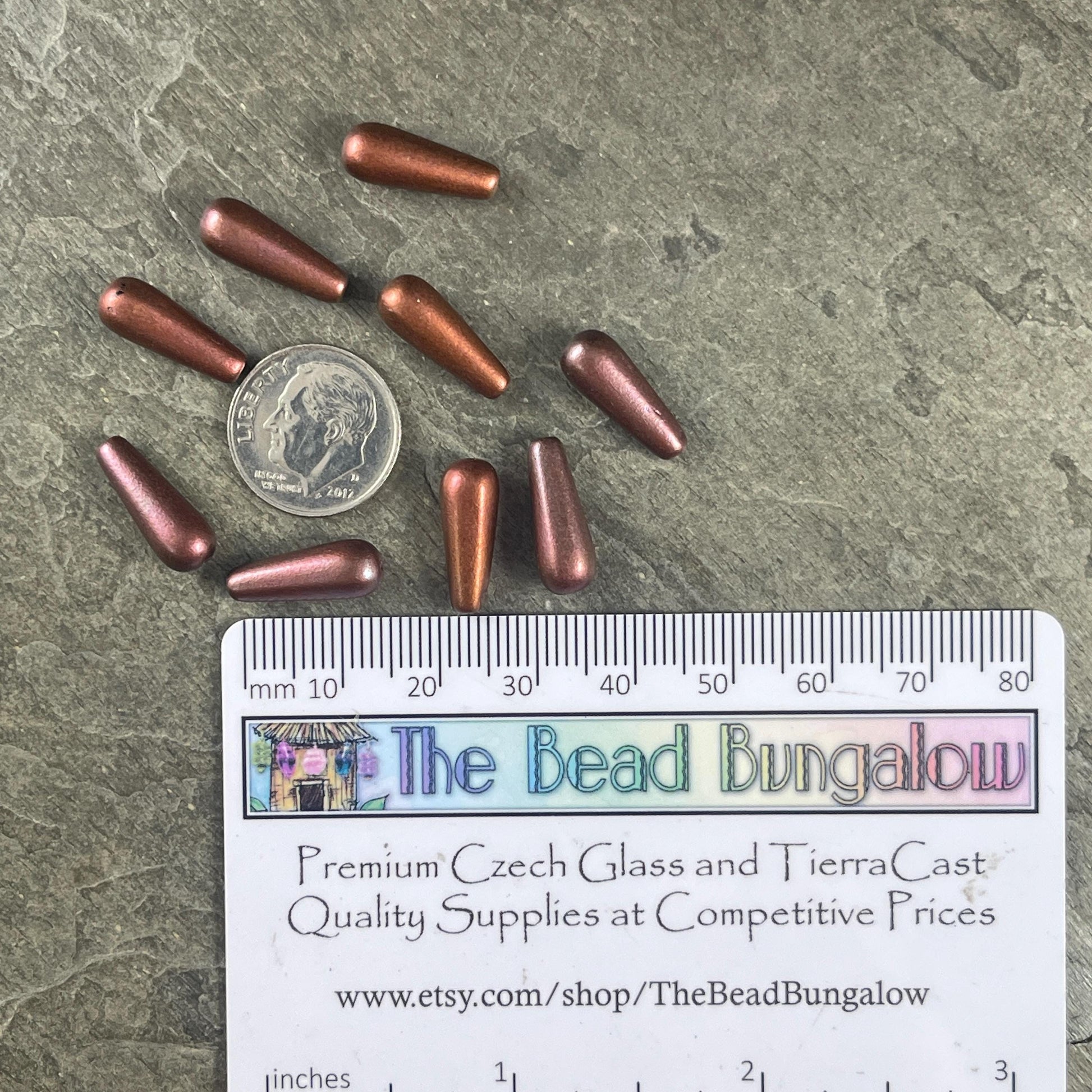 Czech Glass Beads - Elongated Tear Drops, Wine and Copper Satin Matte Finish, 15x6mm Tapered Drops (DRO/N-0432R) * Qty. 14