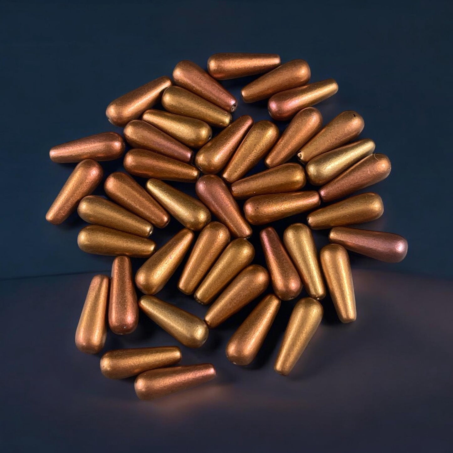 Czech Glass Beads - Elongated Tear Drops, Gold and Warm Copper Satin Matte Finish, 15x6mm Tapered Drops (DRO/N-0432G) * Qty. 14