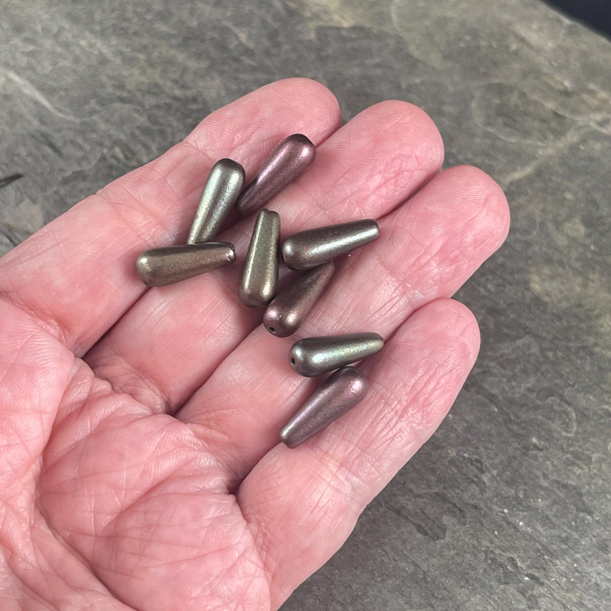 Czech Glass Beads - Elongated Tear Drops, Slate Gray Satin Matte Finish, 15x6mm Tapered Drops (DRO/N-0432S) * Qty. 14