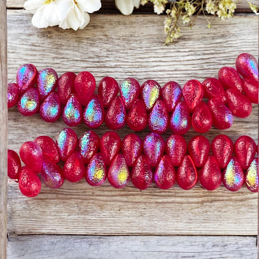 Czech Glass Beads - Scarlet Red Briolette Tear Drop Beads, Etched with AB Finish (BTD/69D) * Qty. 25