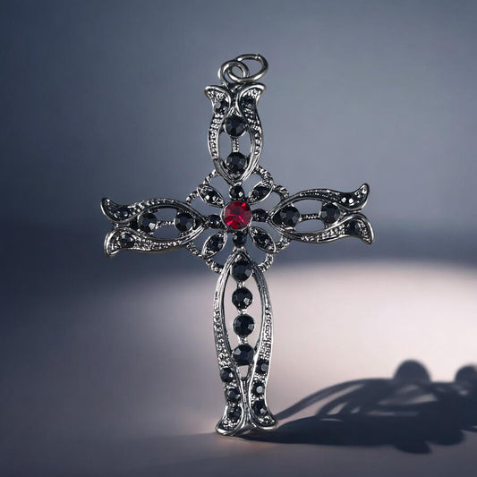Gunmetal Black Gothic Cross Pendant, Black and Garnet Rhinestones, 50x70mm