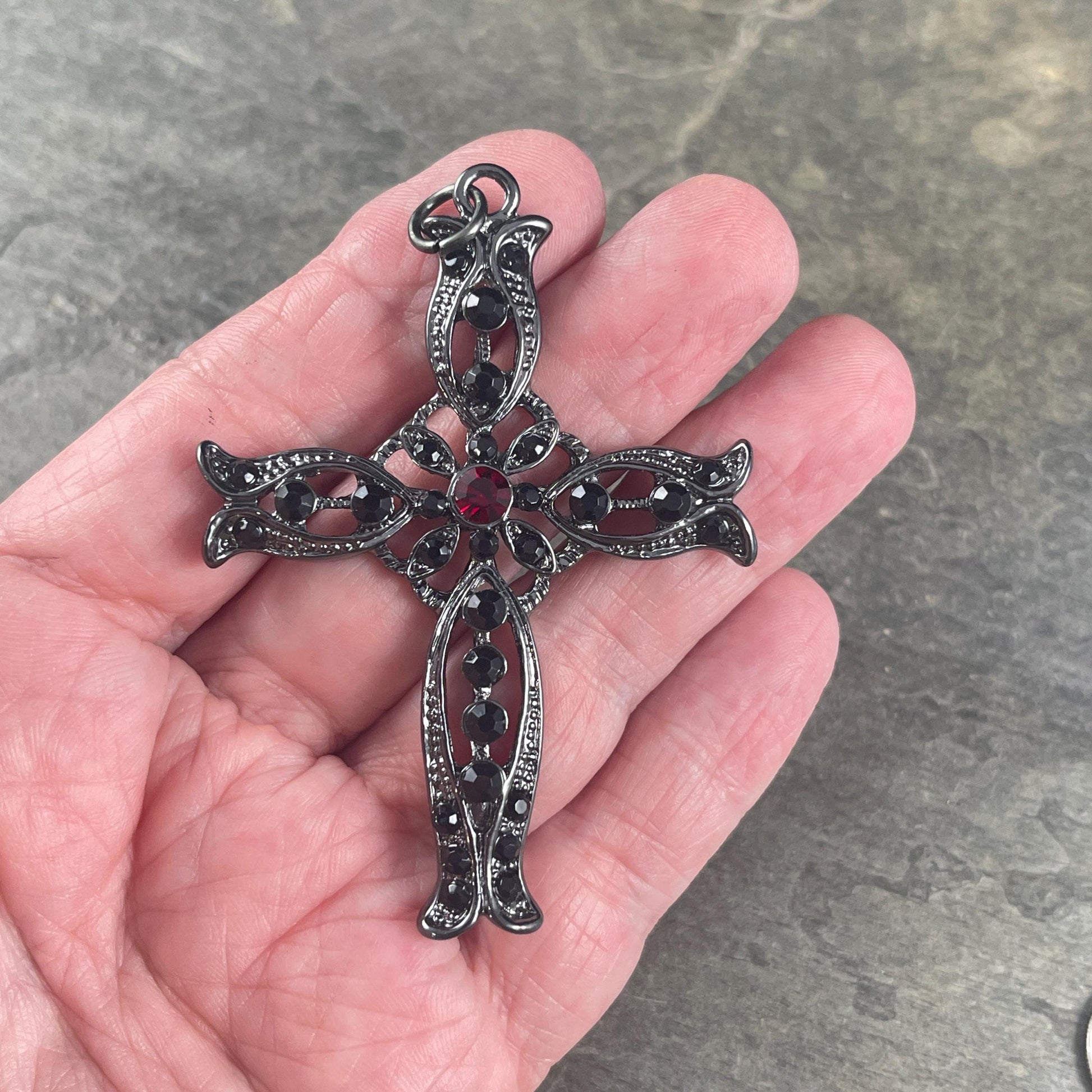 Gunmetal Black Gothic Cross Pendant, Black and Garnet Rhinestones, 50x70mm