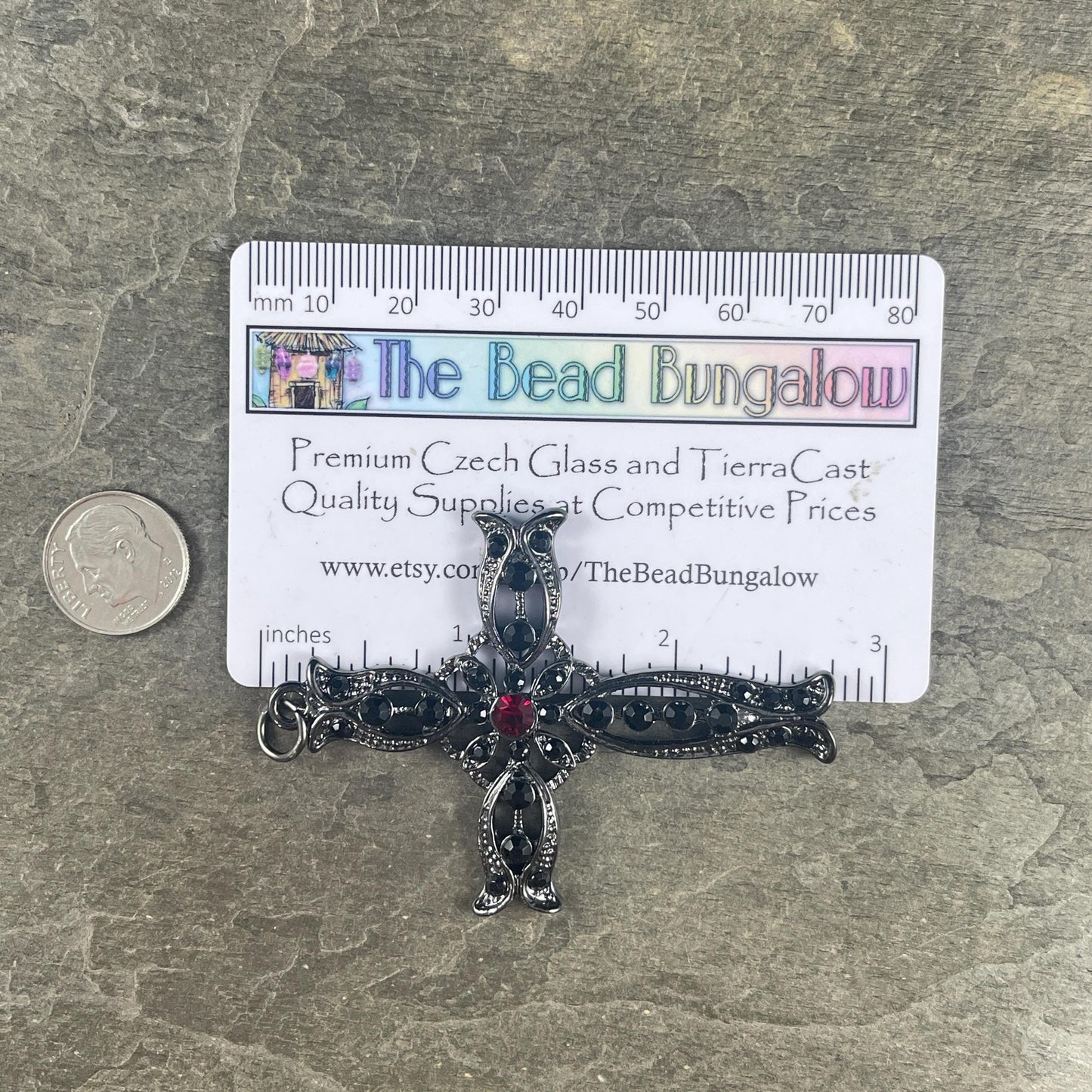 Gunmetal Black Gothic Cross Pendant, Black and Garnet Rhinestones, 50x70mm