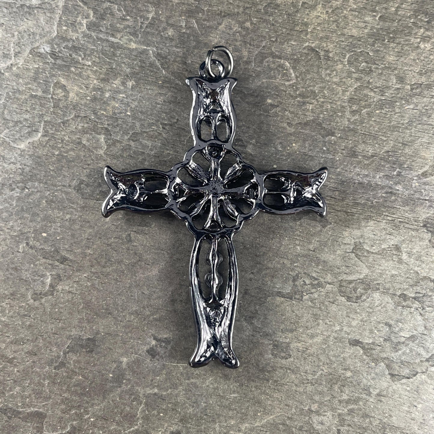 Gunmetal Black Gothic Cross Pendant, Black and Garnet Rhinestones, 50x70mm