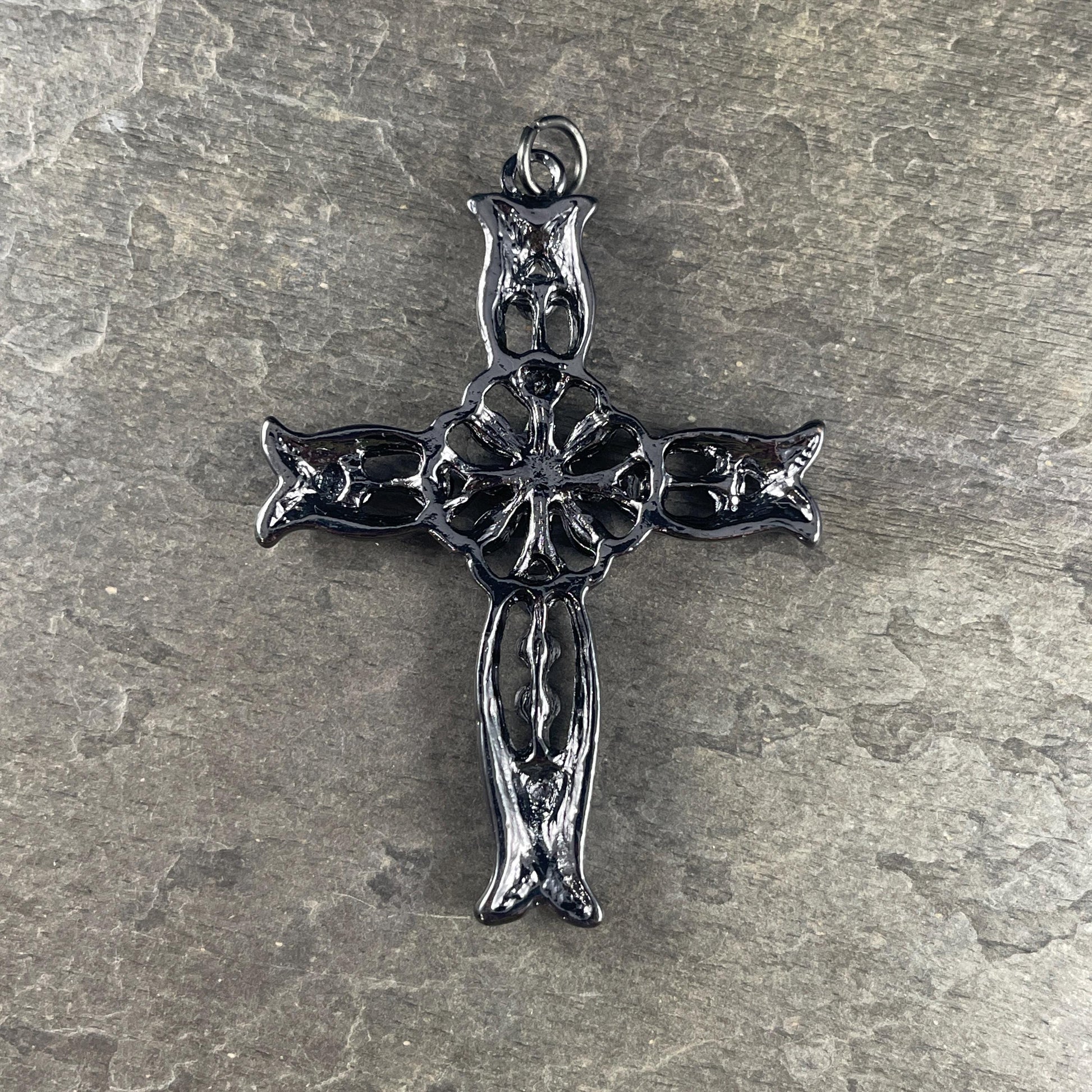 Gunmetal Black Gothic Cross Pendant, Black and Garnet Rhinestones, 50x70mm