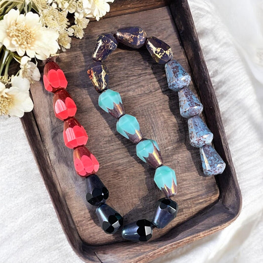 Czech Glass Beads, Black, Purple, Blue and Orange Faceted Teardrops, 8mm Glass Teardrop Assortment (BBEM/628.03) * Qty. 20