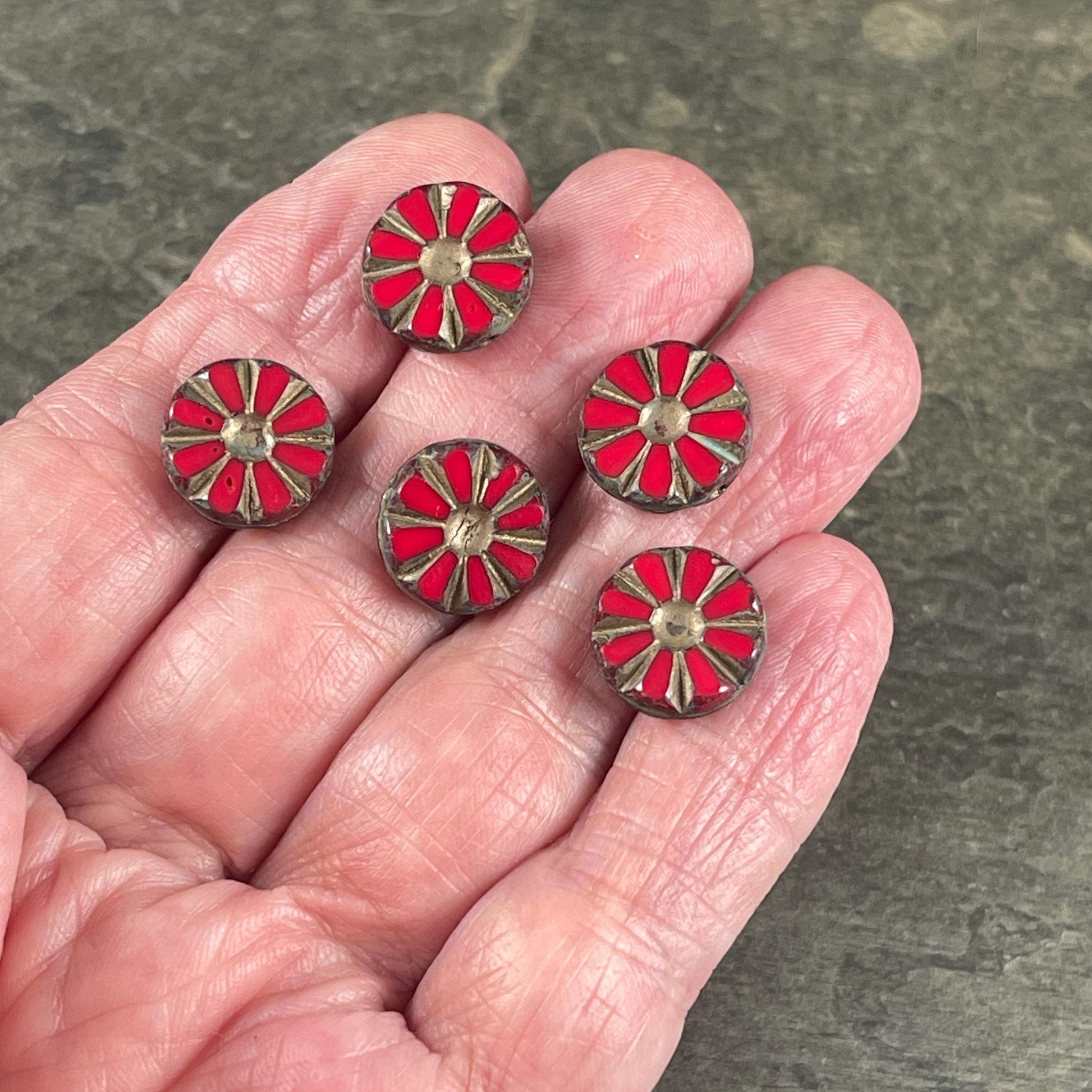 Czech Glass Beads, 12mm Ruby Red Sunflower Coin Beads with Gold Wash and Travertine Picasso Finish (TCT-RTG) * Qty. 8