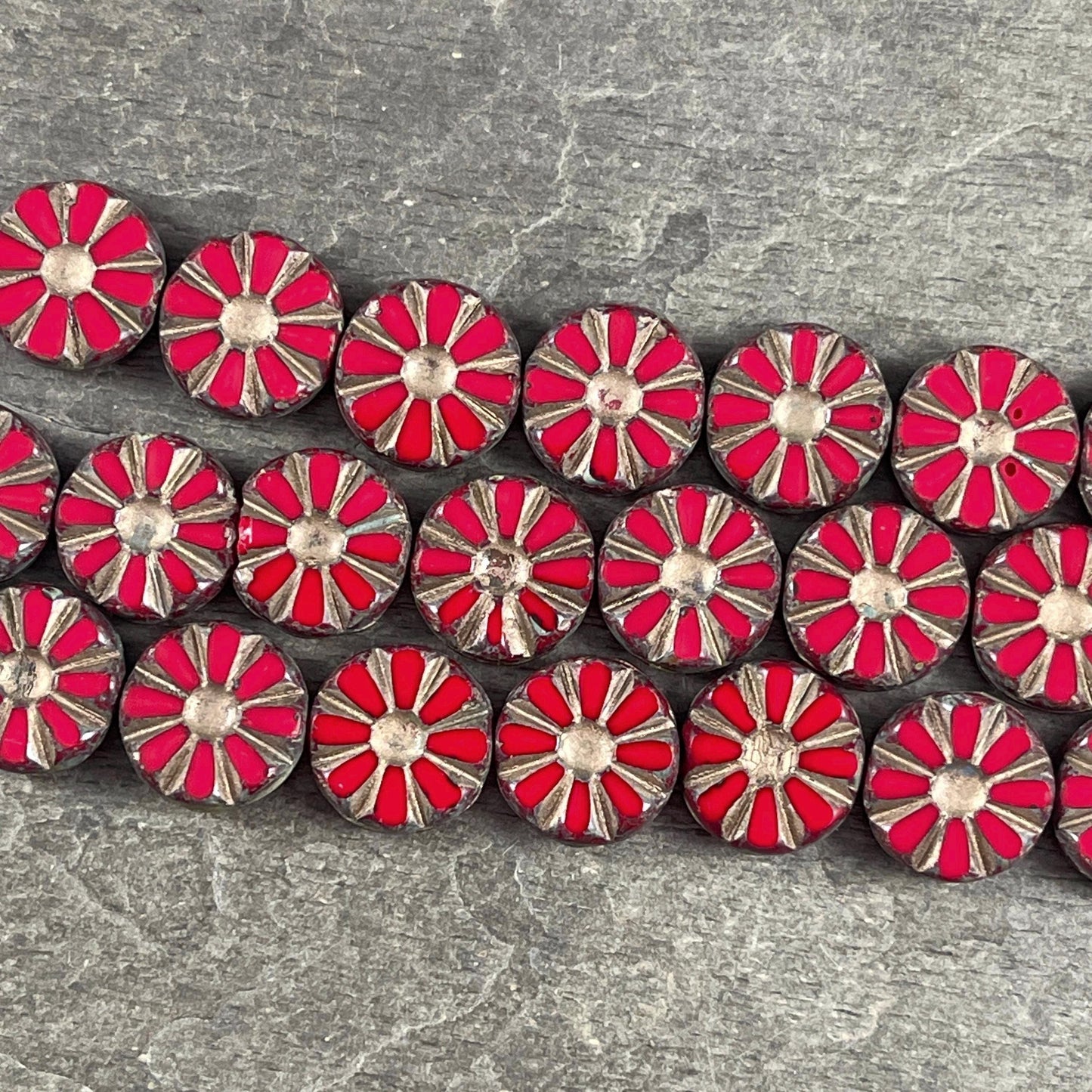 Czech Glass Beads, 12mm Ruby Red Sunflower Coin Beads with Gold Wash and Travertine Picasso Finish (TCT-RTG) * Qty. 8