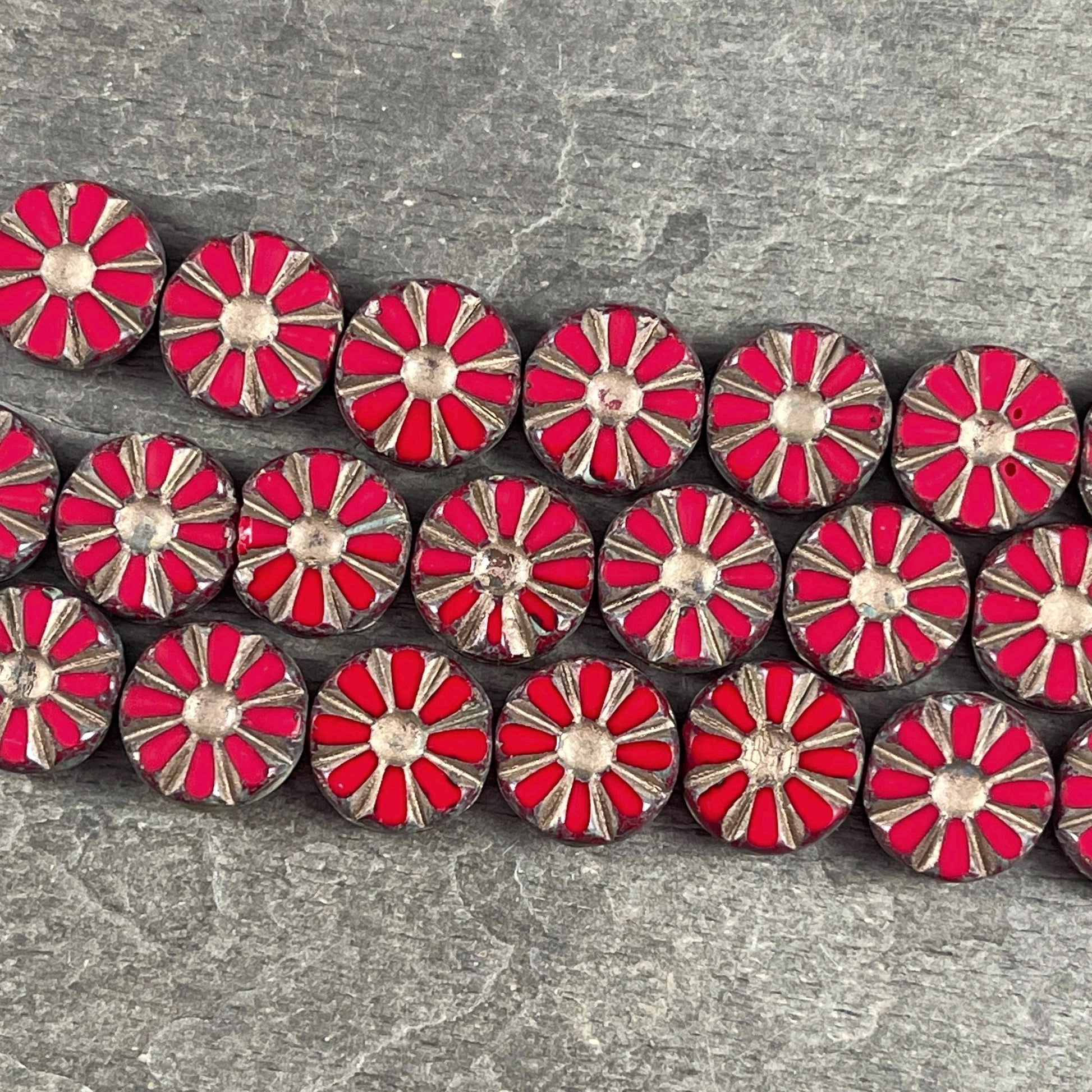 Czech Glass Beads, 12mm Ruby Red Sunflower Coin Beads with Gold Wash and Travertine Picasso Finish (TCT-RTG) * Qty. 8