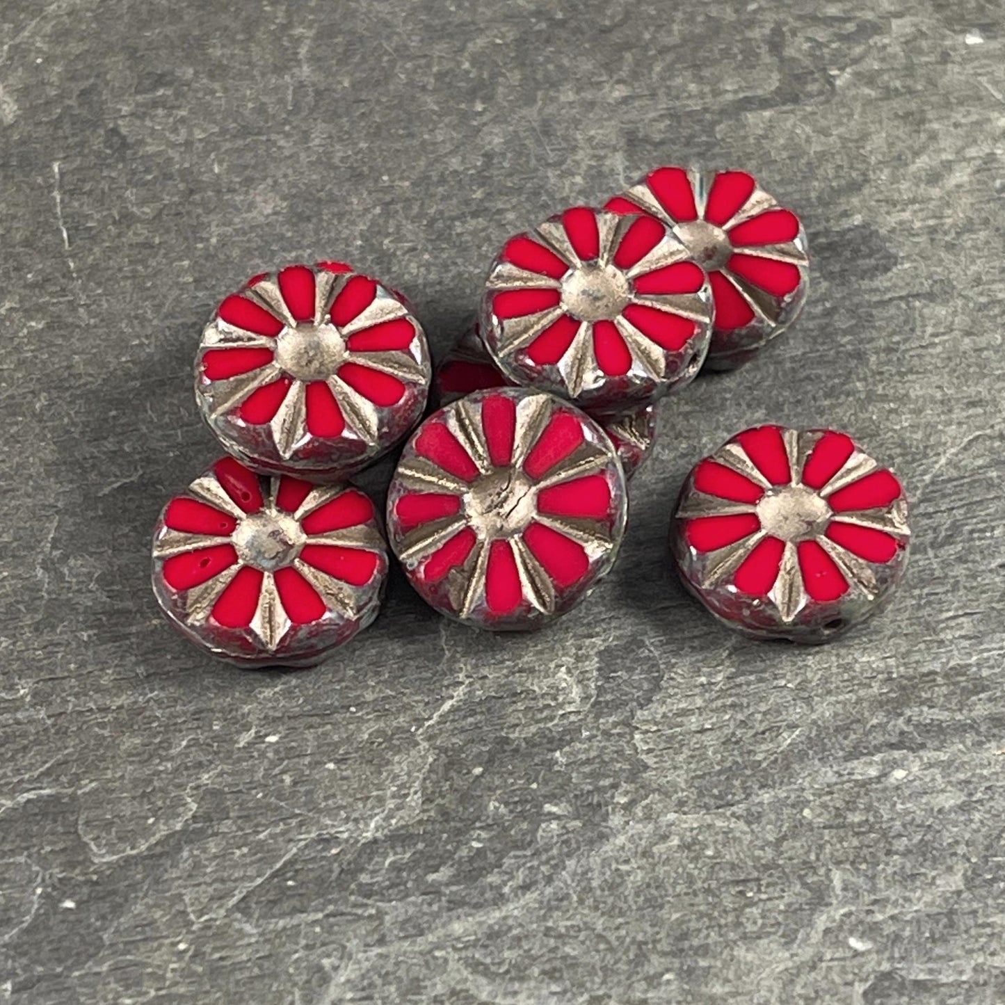 Czech Glass Beads, 12mm Ruby Red Sunflower Coin Beads with Gold Wash and Travertine Picasso Finish (TCT-RTG) * Qty. 8